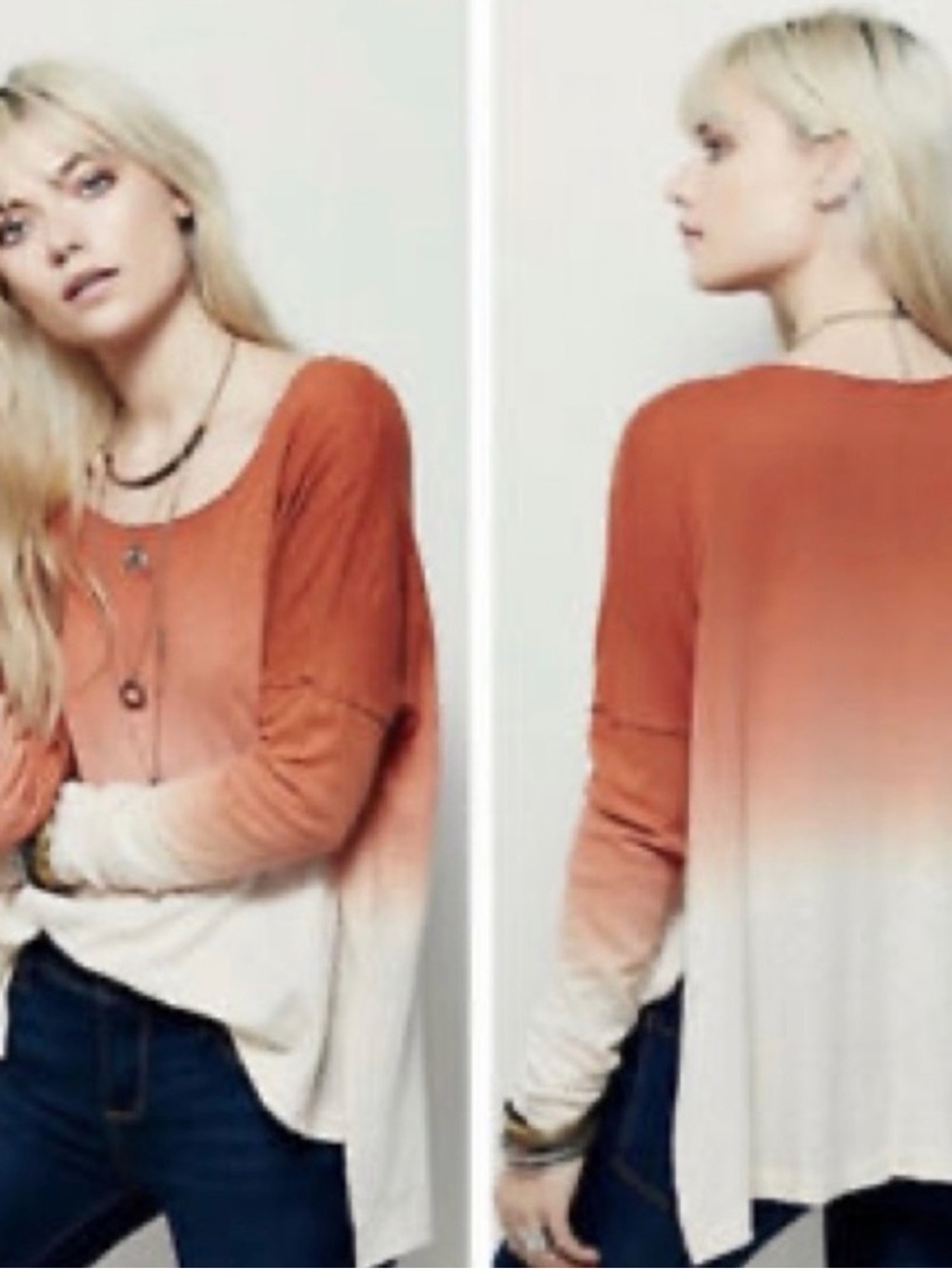 We The Free Rust-to-Cream Ombre Scoop Neck Long Sleeve Top